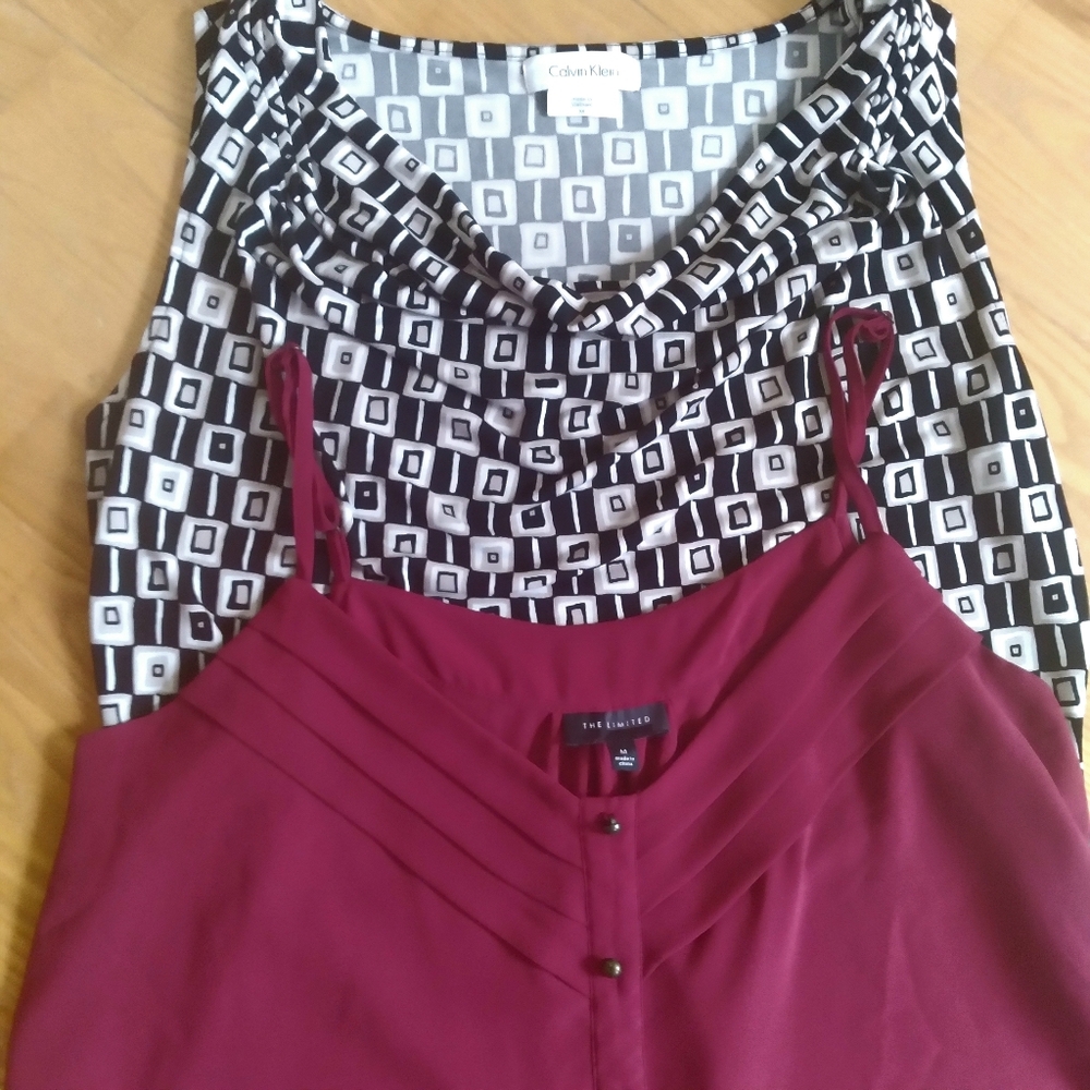 Calvin Klein Limited‎ Work  Bundle Black White Geo Print Top Sheer Burgundy Cami